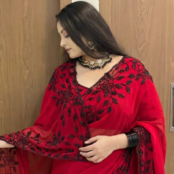 Ingenious Red Premium Pure Fox Georgette Saree with Original Black Beads Work Georgette Sarees Wholesale
