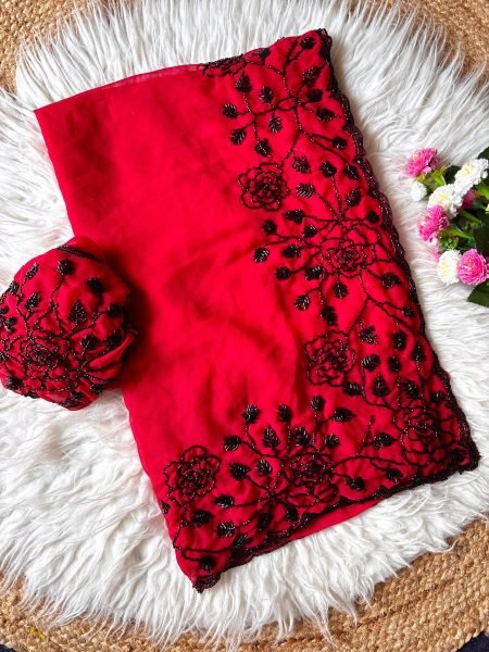 Ingenious Red Premium Pure Fox Georgette Saree with Original Black Beads Work Georgette Sarees Wholesale