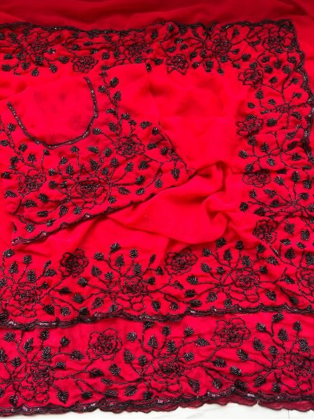 Ingenious Red Premium Pure Fox Georgette Saree with Original Black Beads Work Georgette Sarees Wholesale