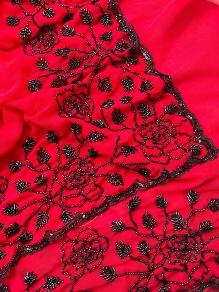 Ingenious Red Premium Pure Fox Georgette Saree with Original Black Beads Work Georgette Sarees Wholesale