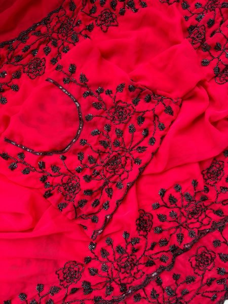 Ingenious Red Premium Pure Fox Georgette Saree with Original Black Beads Work Georgette Sarees Wholesale