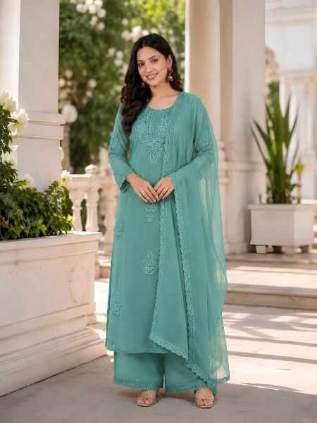 Ingenious Sage Green Fox Blooming Georgette Embroidered Top Palazzo Dupatta Set