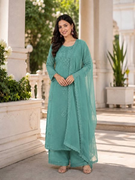 Ingenious Sage Green Fox Blooming Georgette Embroidered Top Palazzo Dupatta Set Ready To Wear Collection