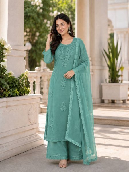 Ingenious Sage Green Fox Blooming Georgette Embroidered Top Palazzo Dupatta Set Ready To Wear Collection