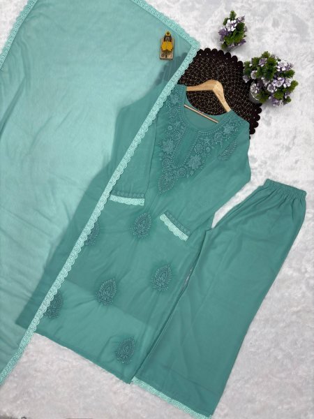 Ingenious Sage Green Fox Blooming Georgette Embroidered Top Palazzo Dupatta Set Ready To Wear Collection