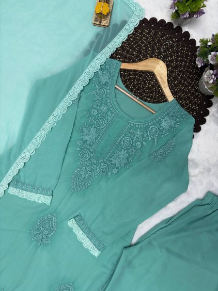 Ingenious Sage Green Fox Blooming Georgette Embroidered Top Palazzo Dupatta Set Ready To Wear Collection