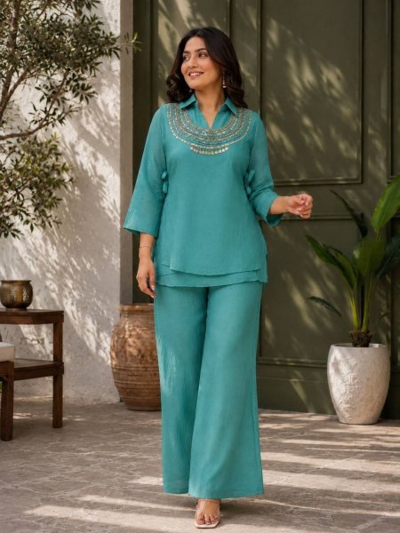 Ingenious Teal Blue Crush Kurti Palazzo Set With Siquence Work On Koti For Competitive Price 