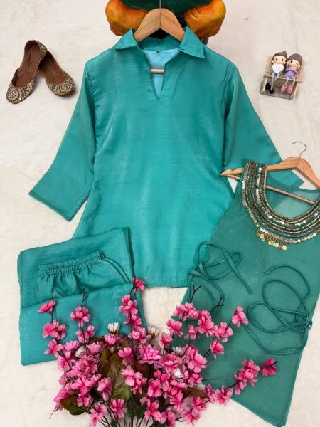 Ingenious Teal Blue Crush Kurti Palazzo Set With Siquence Work On Koti For Competitive Price Ready To Wear Collection
