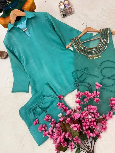 Ingenious Teal Blue Crush Kurti Palazzo Set With Siquence Work On Koti For Competitive Price Ready To Wear Collection