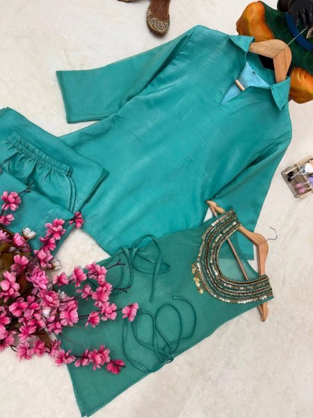 Ingenious Teal Blue Crush Kurti Palazzo Set With Siquence Work On Koti For Competitive Price Ready To Wear Collection