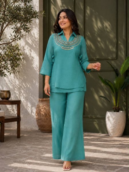 Ingenious Teal Blue Crush Kurti Palazzo Set With Siquence Work On Koti For Competitive Price Ready To Wear Collection