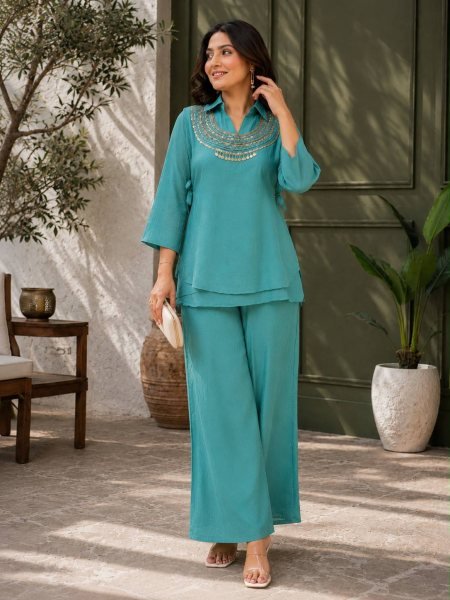Ingenious Teal Blue Crush Kurti Palazzo Set With Siquence Work On Koti For Competitive Price Ready To Wear Collection