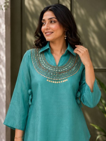 Ingenious Teal Blue Crush Kurti Palazzo Set With Siquence Work On Koti For Competitive Price Ready To Wear Collection