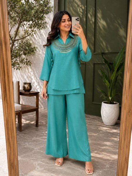 Ingenious Teal Blue Crush Kurti Palazzo Set With Siquence Work On Koti For Competitive Price Ready To Wear Collection