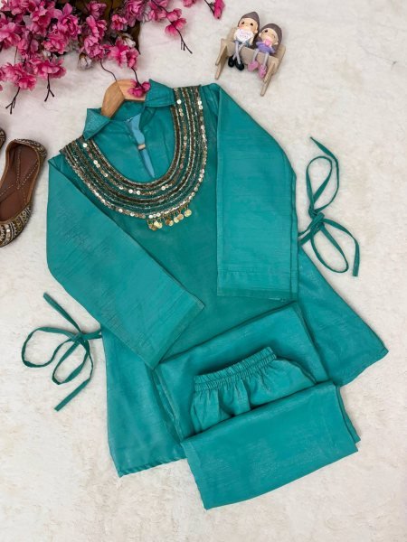 Ingenious Teal Blue Crush Kurti Palazzo Set With Siquence Work On Koti For Competitive Price Ready To Wear Collection