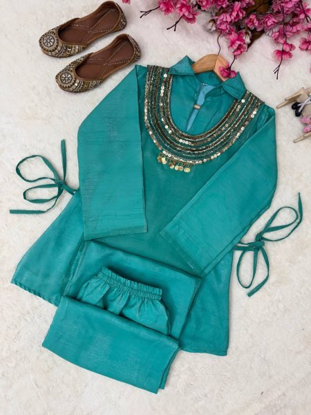 Ingenious Teal Blue Crush Kurti Palazzo Set With Siquence Work On Koti For Competitive Price Ready To Wear Collection