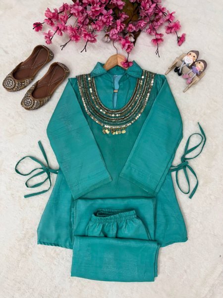 Ingenious Teal Blue Crush Kurti Palazzo Set With Siquence Work On Koti For Competitive Price Ready To Wear Collection
