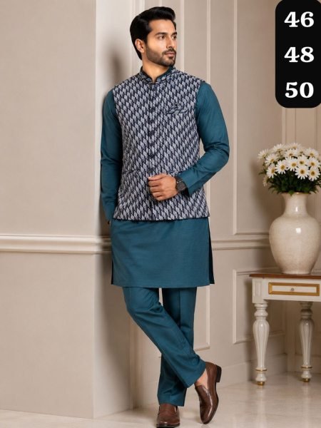 Ingenious Teal Blue Silk Kurta Pajama with Heavy Self Design Jacquard Nehru Jacket Kurta Pajama Wholesale