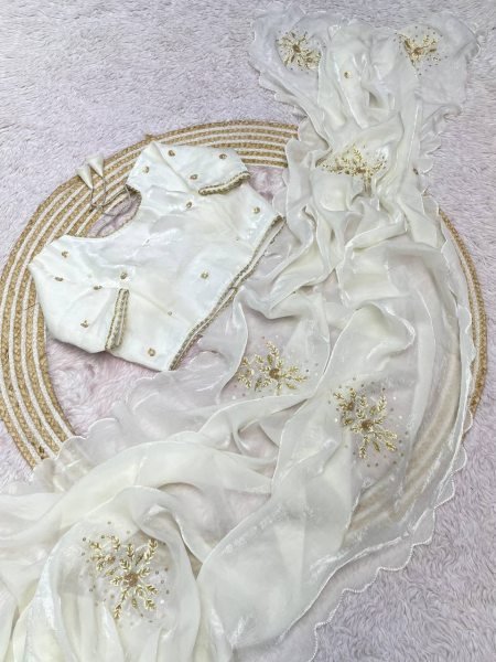 Ingenious White Fandy Satin Saree with Khatli Handwork and Arco Border Designer Wedding Sarees Wholesale