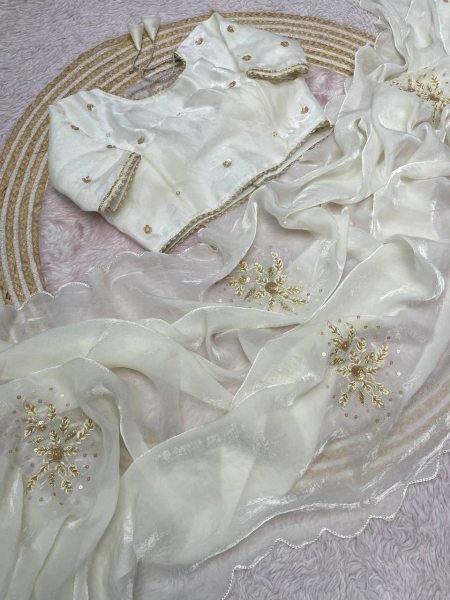 Ingenious White Fandy Satin Saree with Khatli Handwork and Arco Border Designer Wedding Sarees Wholesale