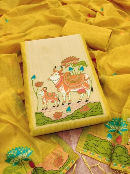 Ingenious Yellow Jamdani Cotton Dress Material with Tassel Dupatta at Manufacturer Price Color Set Matching Dress Material Wholesale