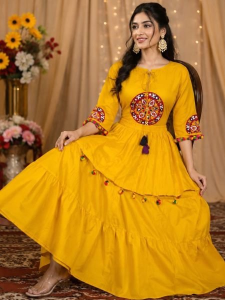 Ingenious Yellow Navratri Dholida Rayon Skirt Top Set with Gamthi Work and Real Mirror At Wholesale Rate 