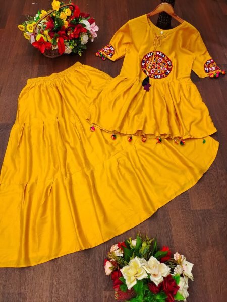 Ingenious Yellow Navratri Dholida Rayon Skirt Top Set with Gamthi Work and Real Mirror At Wholesale Rate Navratri Lehnega Choli