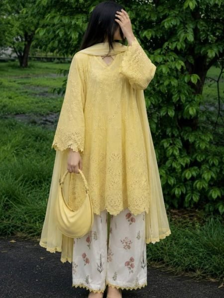 Ingenious Yellow Printed Cambric Cotton Top with Fancy Lace and Cutwork Sleeves 