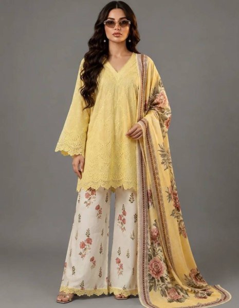 Ingenious Yellow Printed Cambric Cotton Top with Fancy Lace and Cutwork Sleeves Ready To Wear Collection