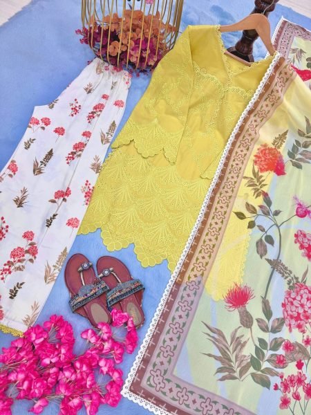 Ingenious Yellow Printed Cambric Cotton Top with Fancy Lace and Cutwork Sleeves Ready To Wear Collection