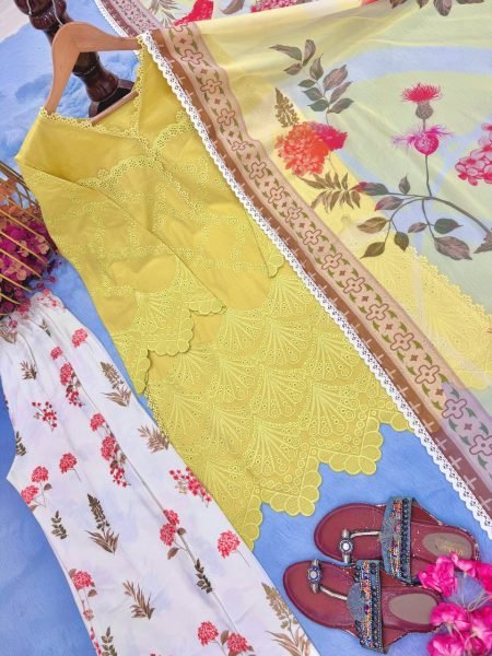 Ingenious Yellow Printed Cambric Cotton Top with Fancy Lace and Cutwork Sleeves Ready To Wear Collection