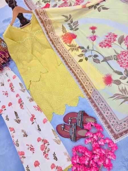 Ingenious Yellow Printed Cambric Cotton Top with Fancy Lace and Cutwork Sleeves Ready To Wear Collection