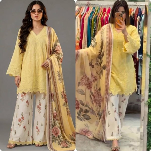 Ingenious Yellow Printed Cambric Cotton Top with Fancy Lace and Cutwork Sleeves Ready To Wear Collection