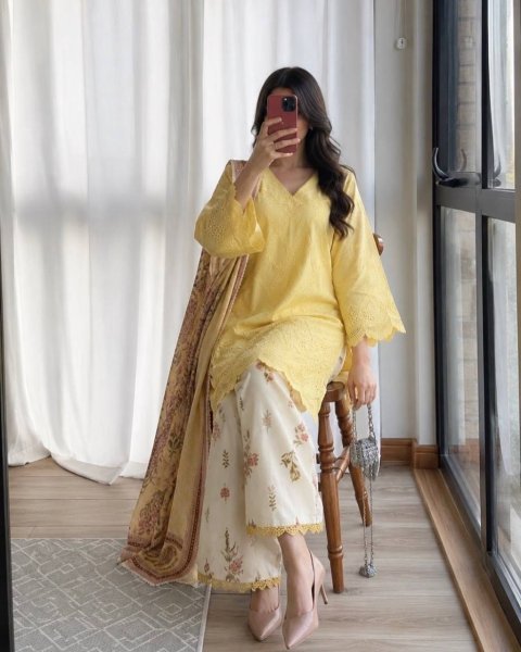 Ingenious Yellow Printed Cambric Cotton Top with Fancy Lace and Cutwork Sleeves Ready To Wear Collection