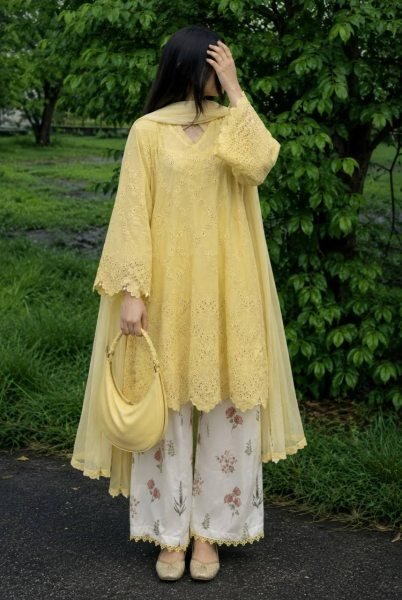 Ingenious Yellow Printed Cambric Cotton Top with Fancy Lace and Cutwork Sleeves Ready To Wear Collection