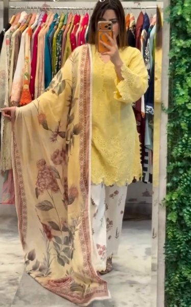 Ingenious Yellow Printed Cambric Cotton Top with Fancy Lace and Cutwork Sleeves Ready To Wear Collection