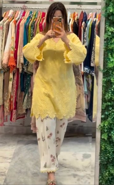 Ingenious Yellow Printed Cambric Cotton Top with Fancy Lace and Cutwork Sleeves Ready To Wear Collection