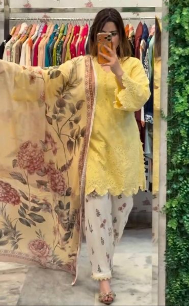 Ingenious Yellow Printed Cambric Cotton Top with Fancy Lace and Cutwork Sleeves Ready To Wear Collection