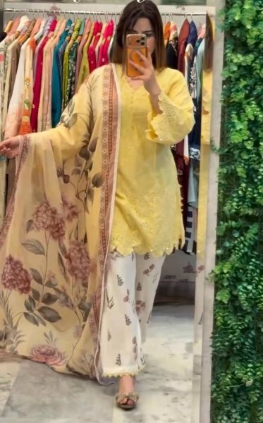 Ingenious Yellow Printed Cambric Cotton Top with Fancy Lace and Cutwork Sleeves Ready To Wear Collection