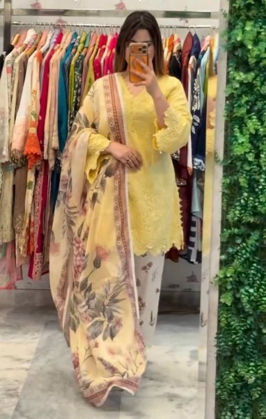 Ingenious Yellow Printed Cambric Cotton Top with Fancy Lace and Cutwork Sleeves Ready To Wear Collection