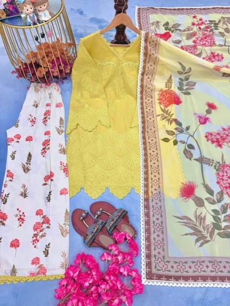 Ingenious Yellow Printed Cambric Cotton Top with Fancy Lace and Cutwork Sleeves Ready To Wear Collection