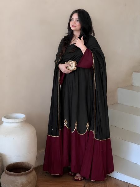 Innovative Black Fully Stitched Long Kaftan Bottom Dupatta Set with Sequin Work Ready To Wear Suit