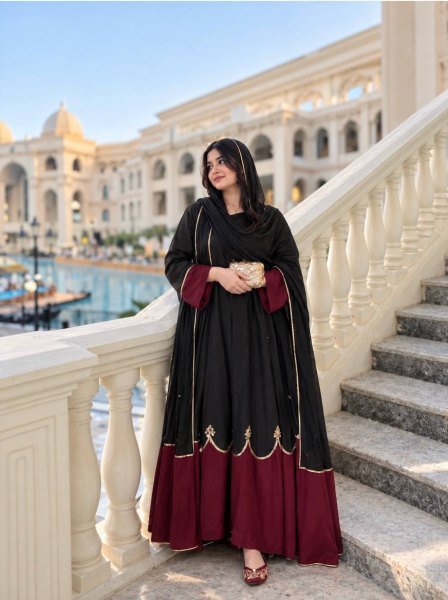 Innovative Black Fully Stitched Long Kaftan Bottom Dupatta Set with Sequin Work Ready To Wear Collection
