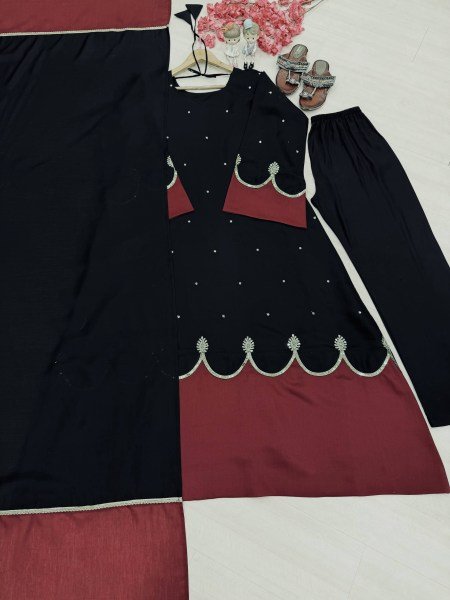 Innovative Black Fully Stitched Long Kaftan Bottom Dupatta Set with Sequin Work Ready To Wear Collection