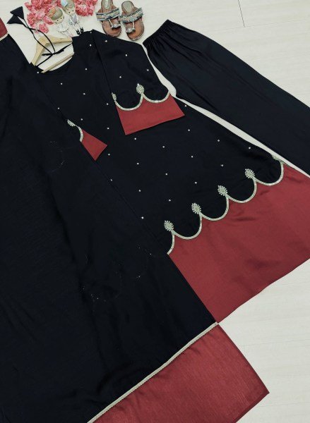 Innovative Black Fully Stitched Long Kaftan Bottom Dupatta Set with Sequin Work Ready To Wear Collection