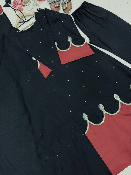 Innovative Black Fully Stitched Long Kaftan Bottom Dupatta Set with Sequin Work Ready To Wear Collection