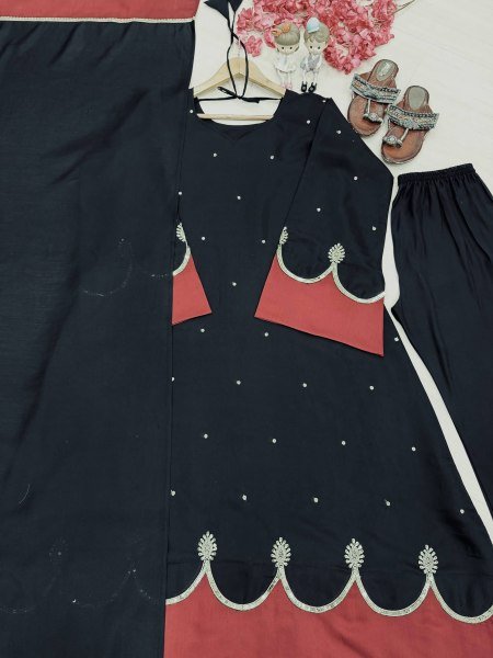 Innovative Black Fully Stitched Long Kaftan Bottom Dupatta Set with Sequin Work Ready To Wear Collection