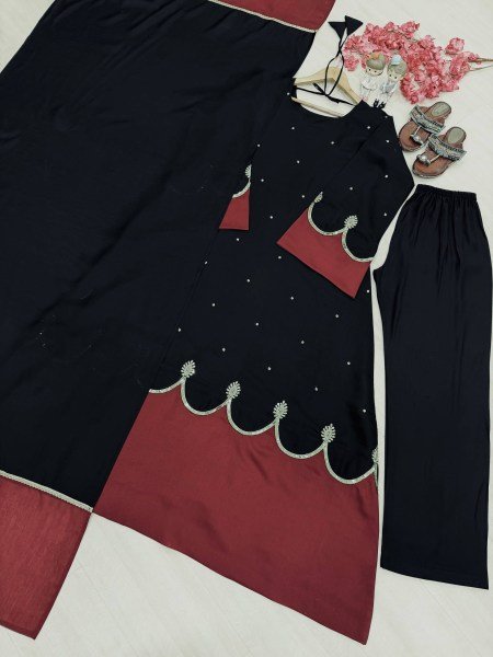 Innovative Black Fully Stitched Long Kaftan Bottom Dupatta Set with Sequin Work Ready To Wear Collection