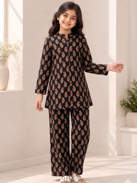 Innovative Black Kids Premium Printed Cotton Matching Set for Party Wear Kurtis
