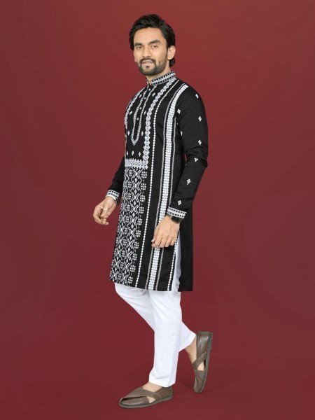 Innovative Black Men Soft Silk Embroidered Kurta with Pajama for Wedding Wear Mens Wear